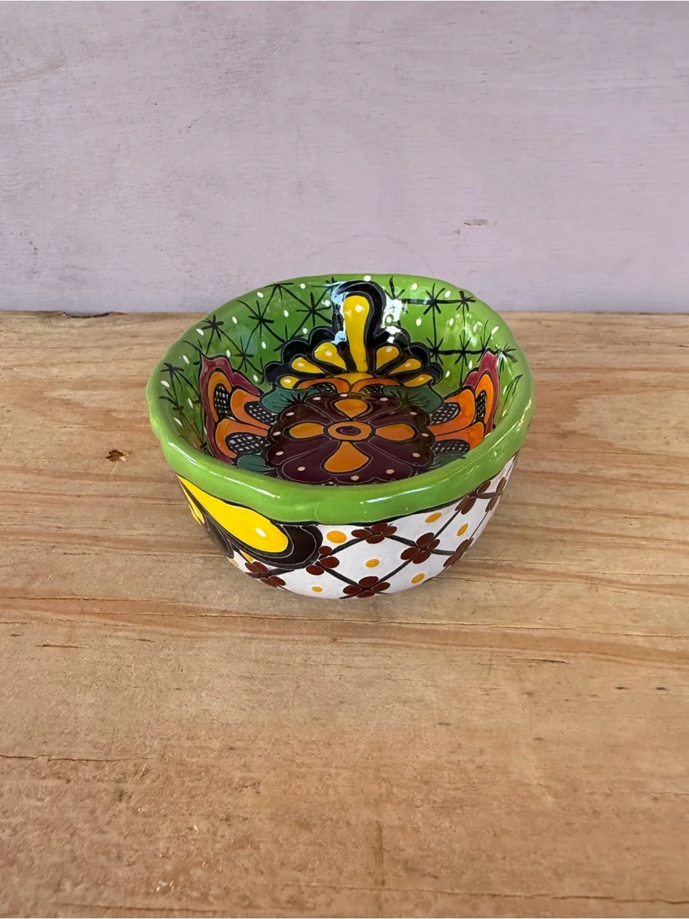 Hand-Painted Ceramic Serving Dish in Bright Green with Orange Floral Motif
